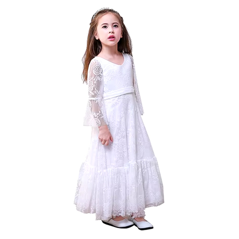 White Lace Dress Girls Flare Full Sleeve Girl Princess Dress Girl Wedding Dress Fancy Party Pageant Formal Dress