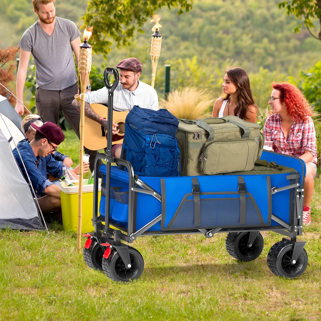 Collapsible Camping Garden Wagon, All-Terrain Tank Wheels for Camping with Extended Tailgate, Sports, Shopping, Beach, Support up to 330Lbs, Blue