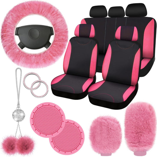 17 Pcs Car Seat Cover Full Set for Women Fluffy Fuzzy Car Accessories Christmas Front Rear Steering Wheel Fleece Handbrake Shift Covers Hanging Accessory Holder Ring Emblem(Pink Black)