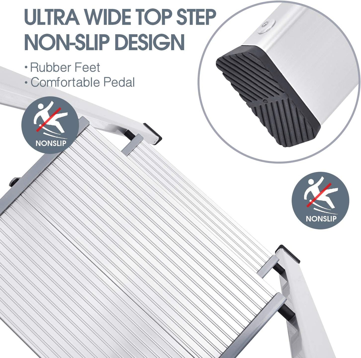 Step Ladder 2 Steps, Step Ladder, Non-Slip Household Ladder with Folding Safety,