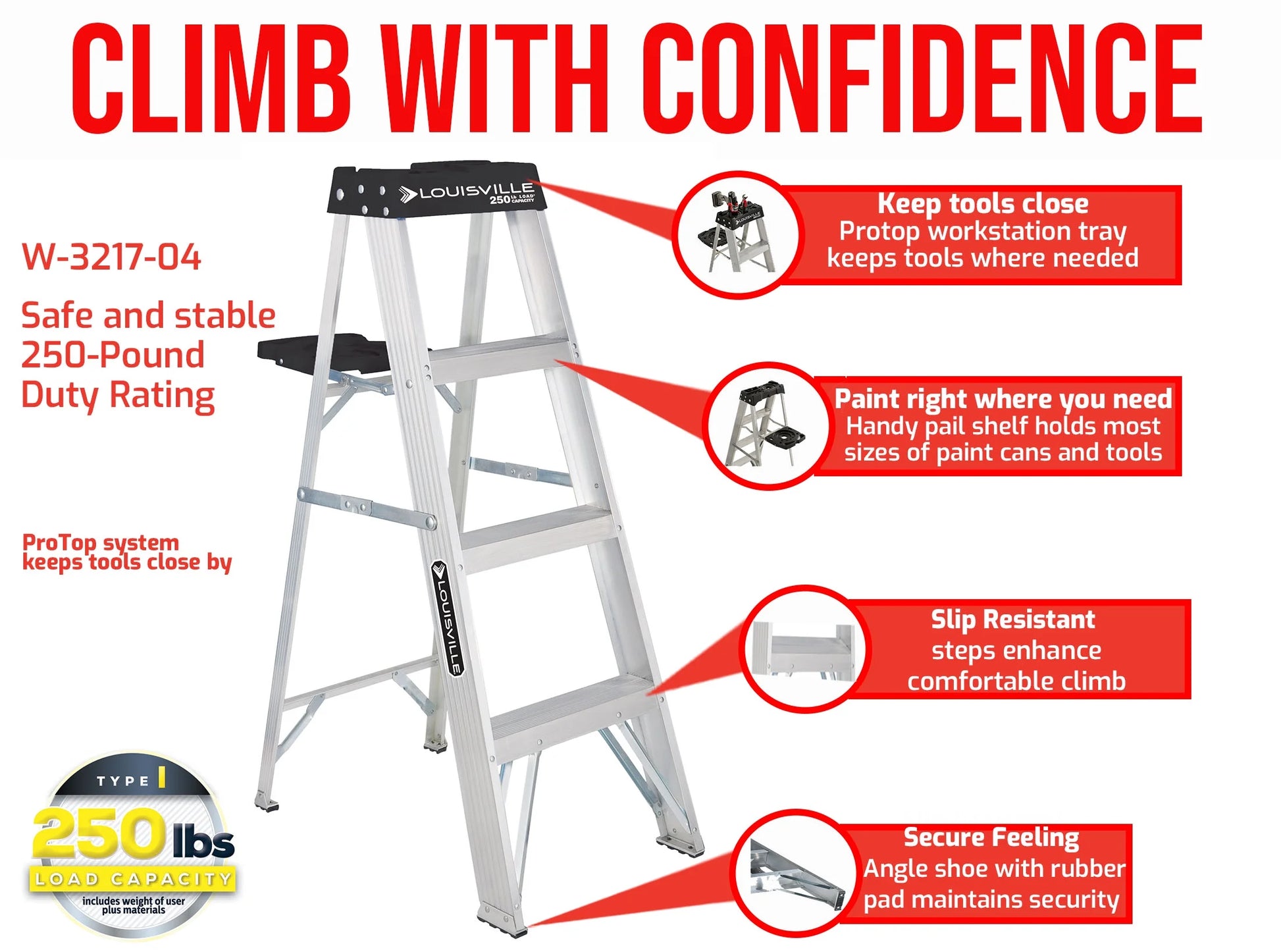 4' Aluminum Step Ladder, 250-Lb Capacity, W-2112-04S