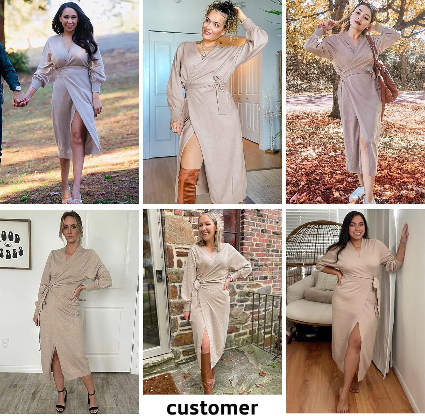Womens Knit Sweater Dress Casual Solid Long Sleeve Wrap Maxi Dresses with Belt Camel