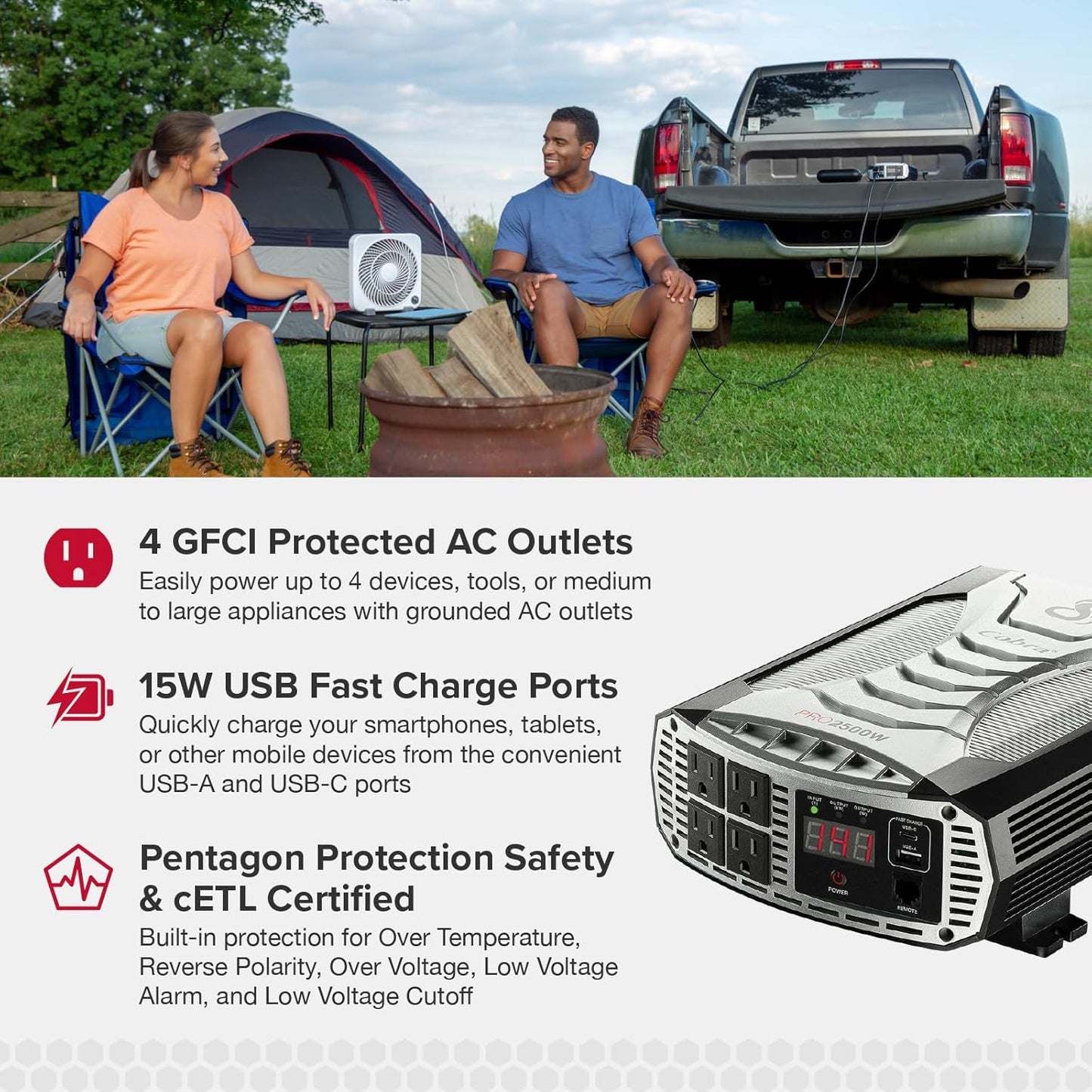 PRO 2500W Professional Grade Power Inverter, Portable – 2500-Watt Car Charger, 4 Grounded AC Outlets, 2 Fast Charge USB Ports and Remote Controller (CPIALCDG1) Compatible