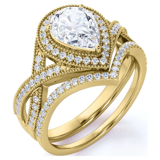 1.5 Carat Pear Cut Moissanite Wedding Set - Bridal Set - Art Deco Ring - Halo Ring - Cluster Ring - 18K Yellow Gold over Silver