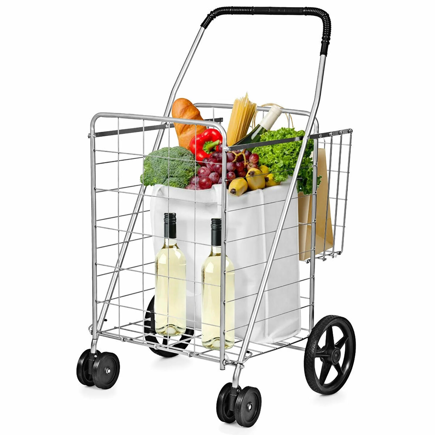 Utility Shopping Cart Foldable Jumbo Basket Outdoor Grocery Laundry Silver