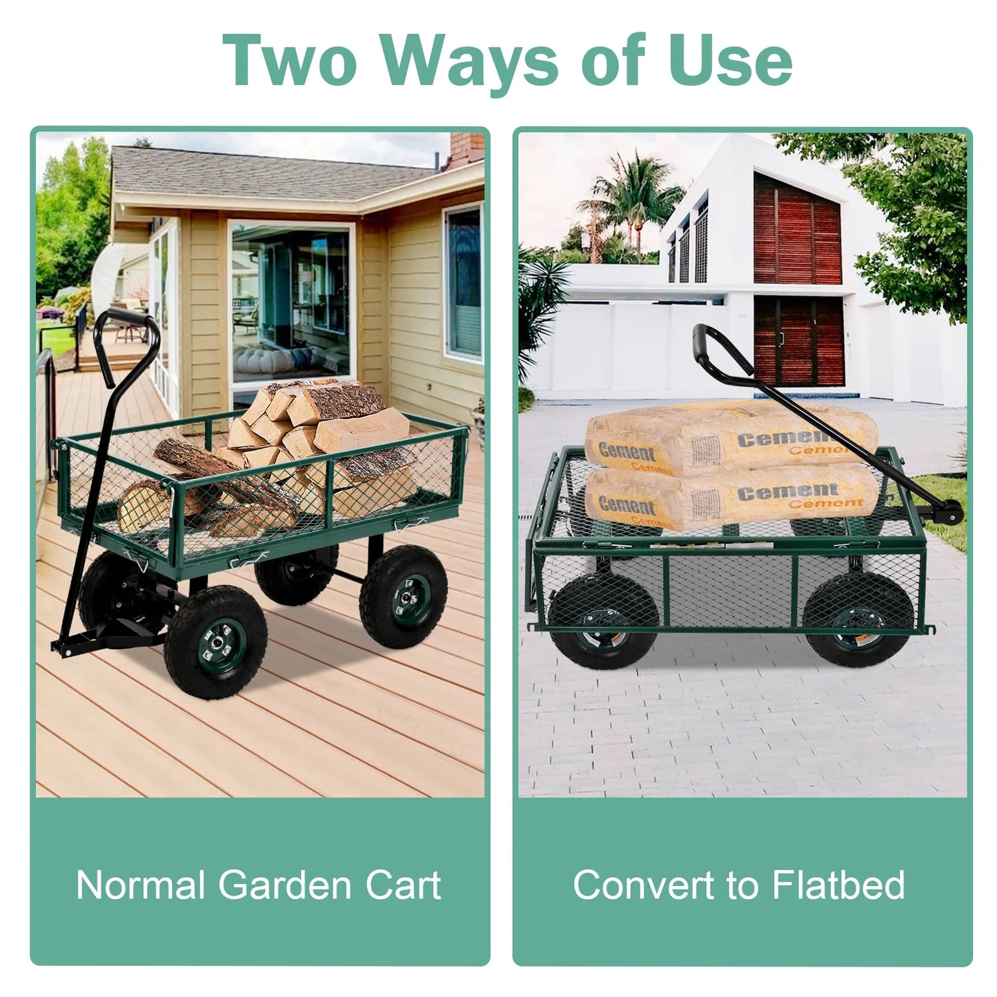 Garden Cart Garden Wagon Carts Heavy Duty Steel Garden Utility Carts with Removable Side and Wheels, Beach Lawn Dumping Yard Cart for Outdoor, Green