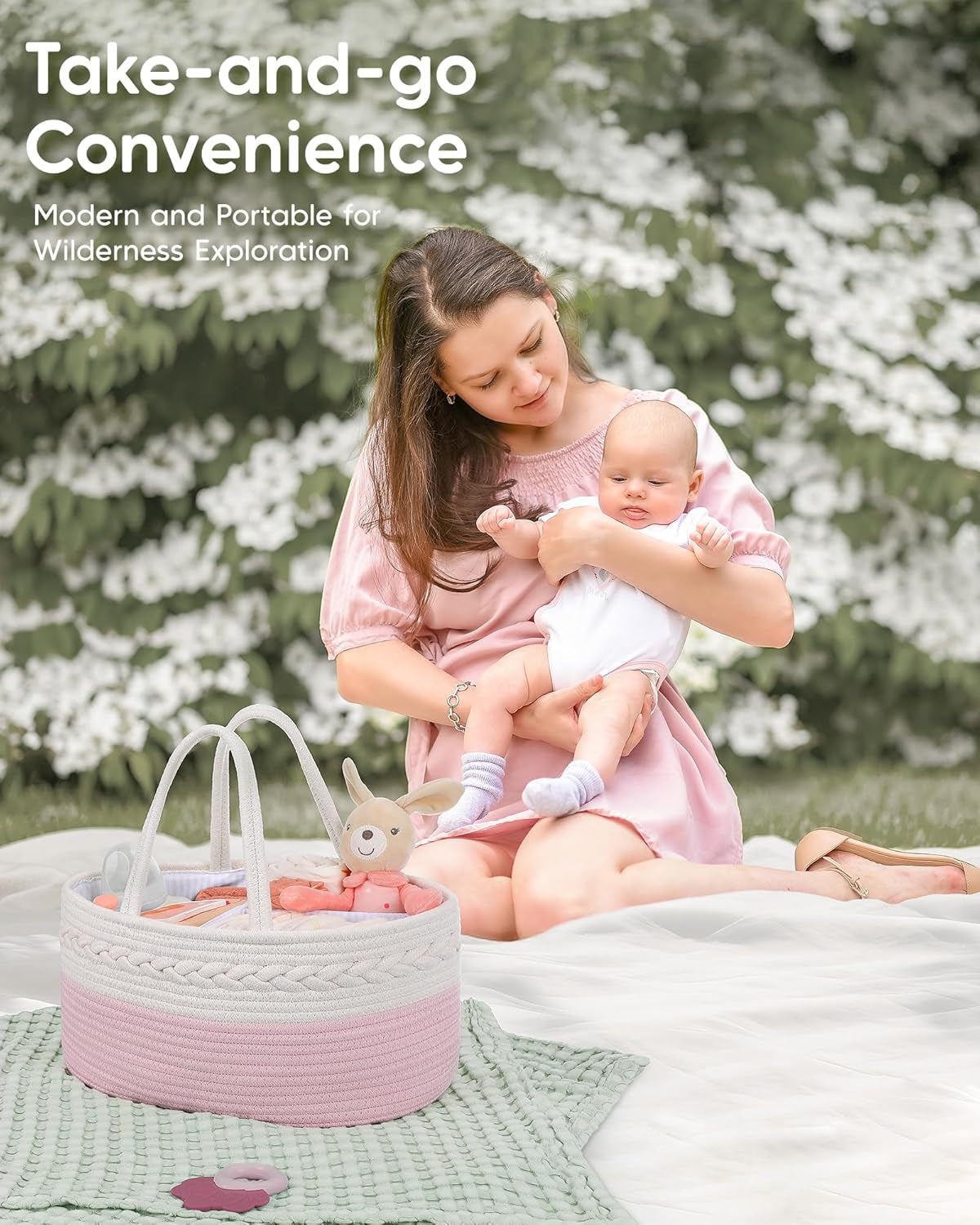 Diaper Caddy for Baby Girl-Cotton Rope Diaper Caddy, Diaper Organizer for Changing Table, Portable Baby Basket for Storage Baby Stuff, Newborn Registry Must Have Items