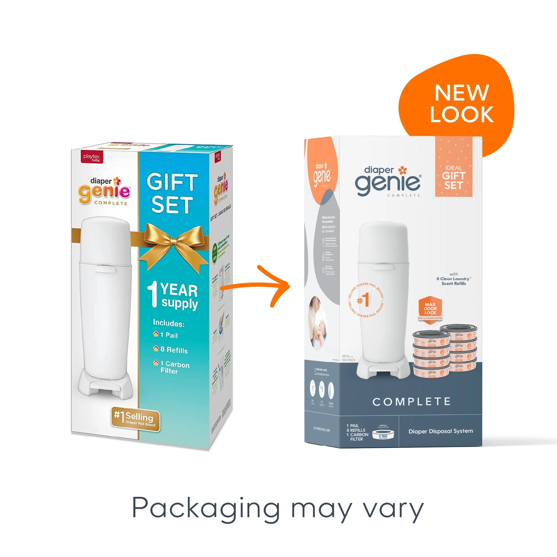 Complete Gift Set,White,1 Diaper Pail,8 Clean Laundry Scent,Round Refills-2160 Ct