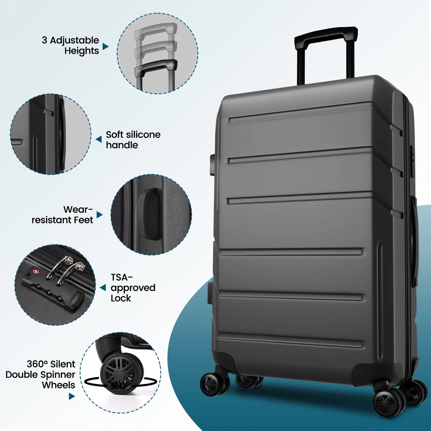 5 Piece Luggage Set Expandable ABS+PC Hardshell Carry on Suitcase with Spinner Wheels & TSA Lock for Men and Women, Rolling Suit Case for Plane, Travel, Business, Black (20/24/28/DB/TB)