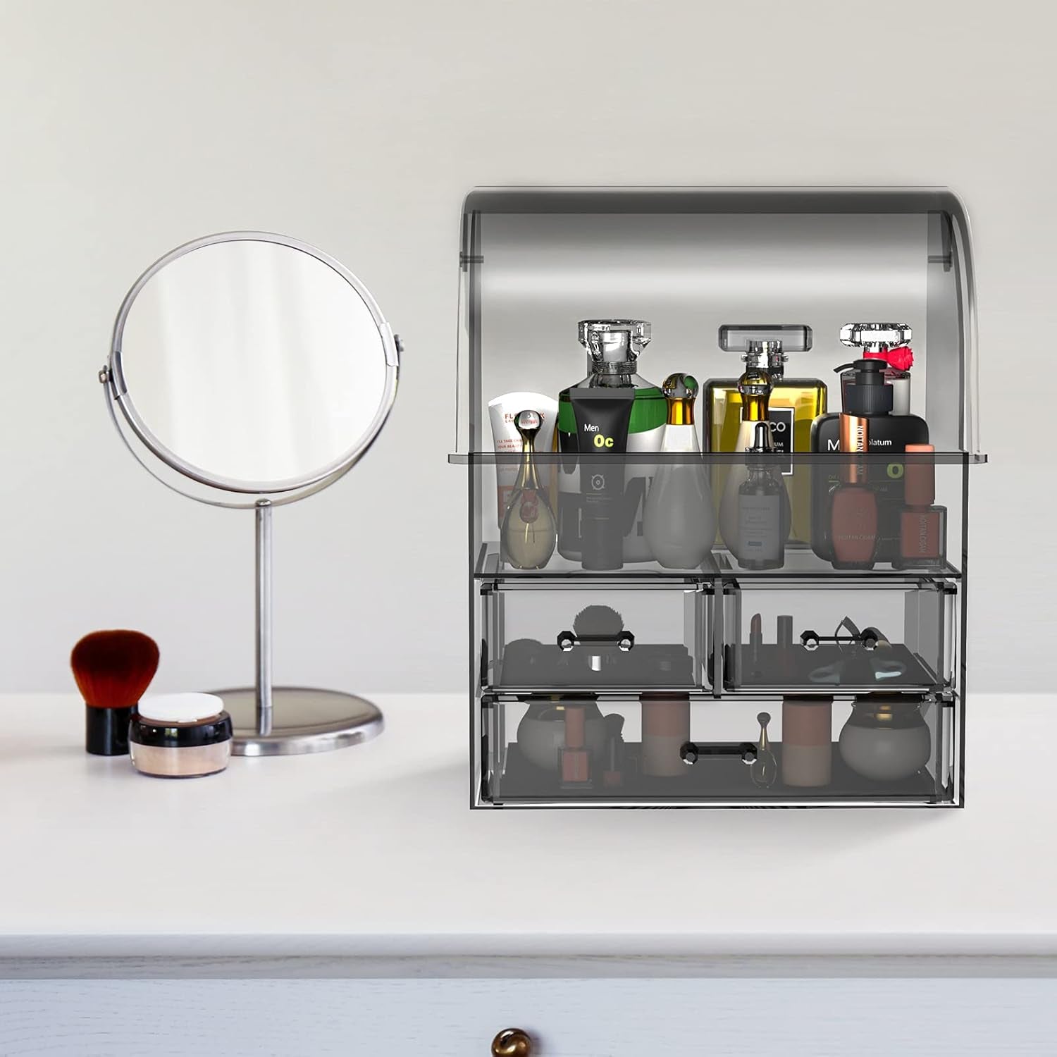 Cosmetic Makeup Organizer, Acrylic Cosmetic Display Cases with Lid for Dustproof Waterproof, Cosmetic Storage Box with 3 Drawers for Makeup Tools, Lipsticks, Perfume, Jewelry (Black Clear)