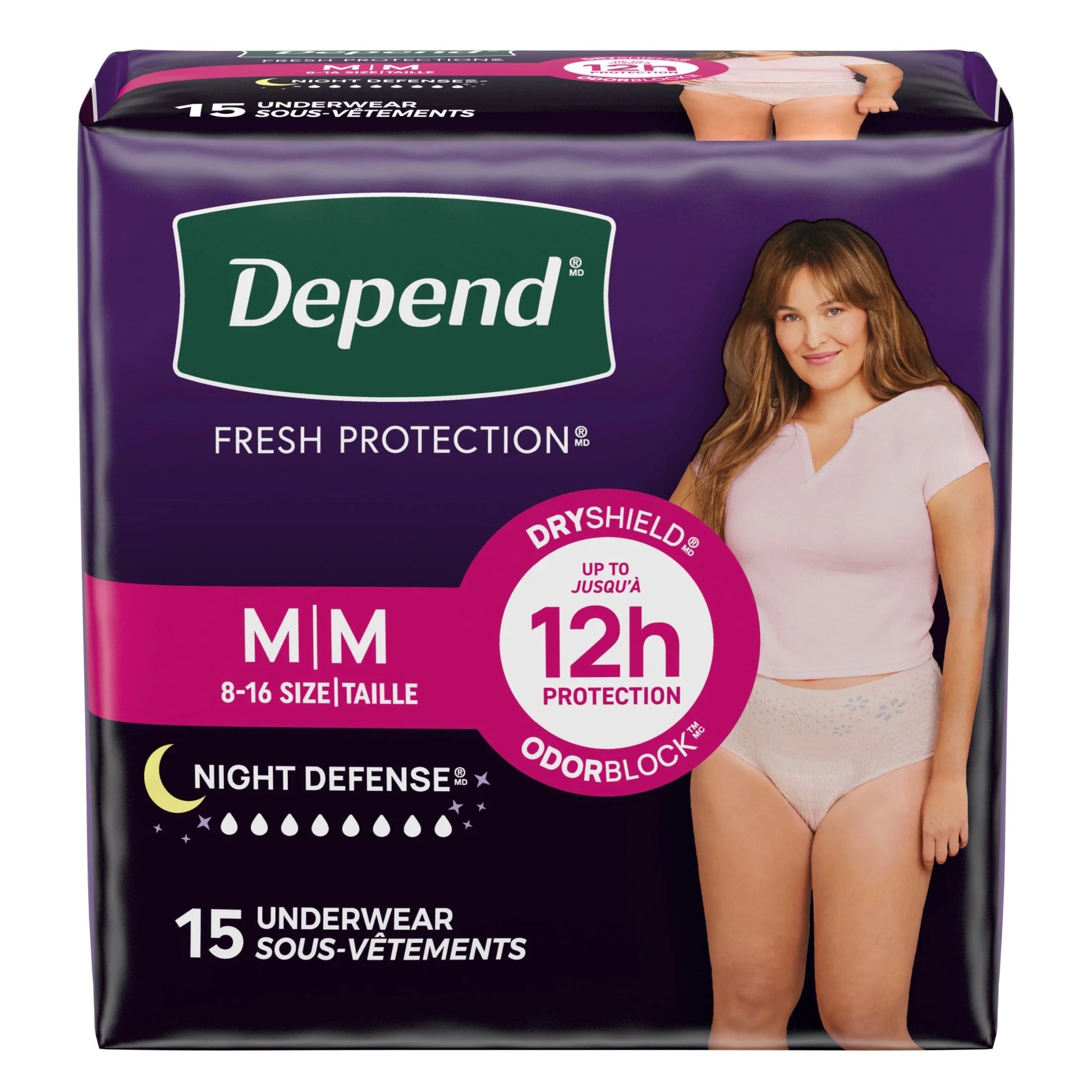 Night Defense Incontinence Underwear for Women, Adult Diapers, M, 15 Count