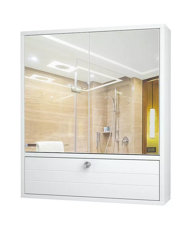 Double Door Wall-Mounted Bathroom Mirrored Medicine Cabinet-White