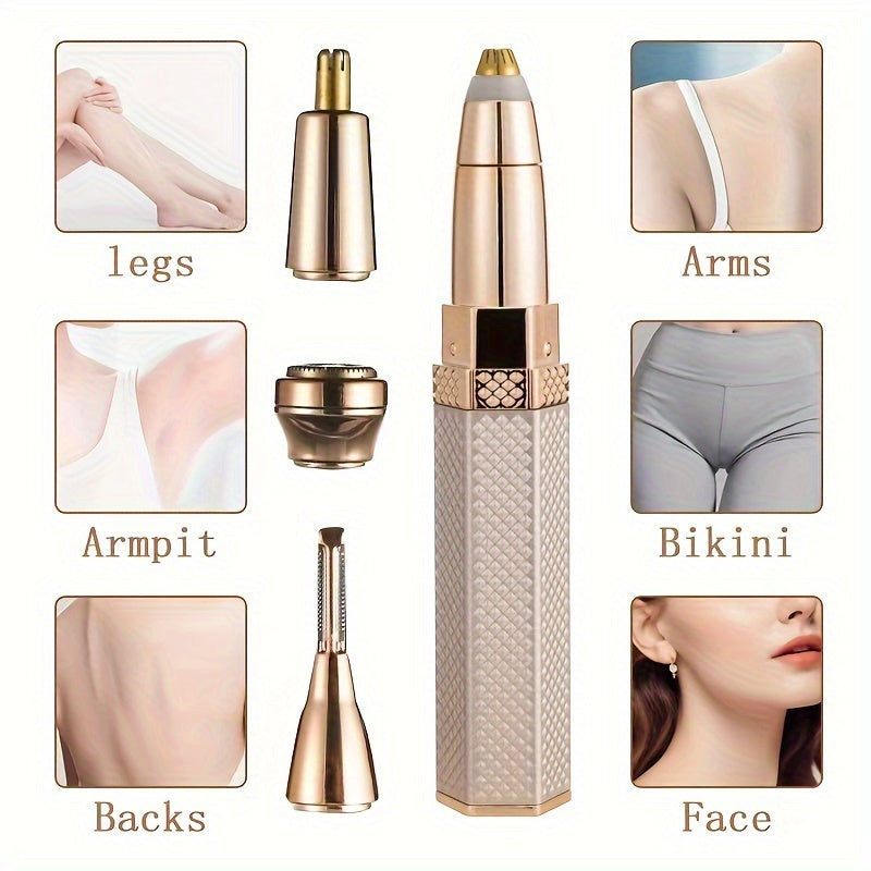 Four-in-one Multifunctional Women's Shaver - Gentle and Efficient, Includes Facial, Body, Eyebrow and Nose Hair Trimmers, Lipstick-shaped Portable Shaver, Rechargeable Shaver, 3/4 Replaceable Shaver Heads, Efficient and Easy