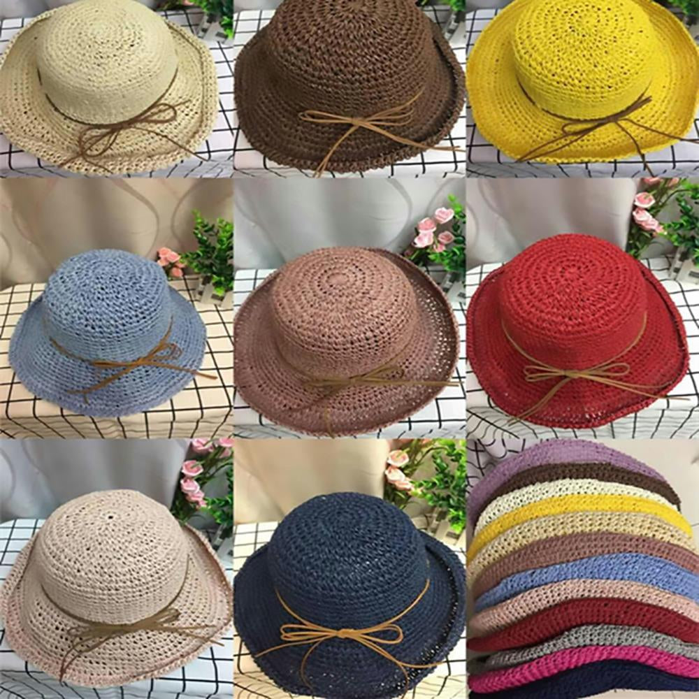 Womens Beach Sun Straw Hat Floppy Straw Sun Hat Travel Foldable Brim Summer Outdoor Sun Visor Hat for Women Girl Summer Outdoor Shade Tied Bow Foldable Hand-Woven,Purple
