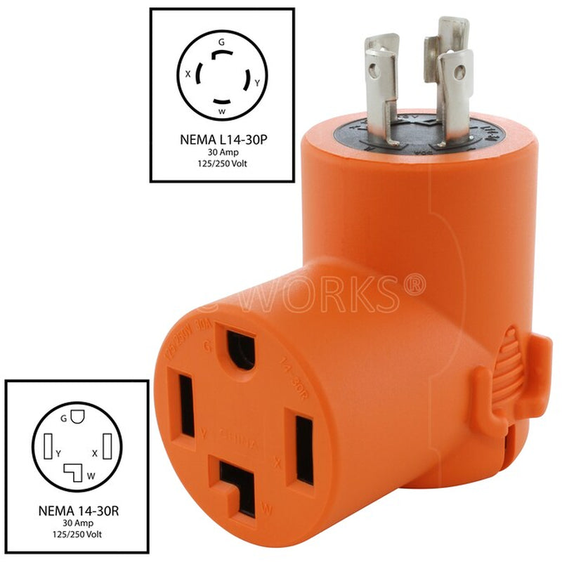 NEMA L14-30P to NEMA 14-30R 30 -Amp 4-Wire Single to Single Orange Basic Elbow Adapter
