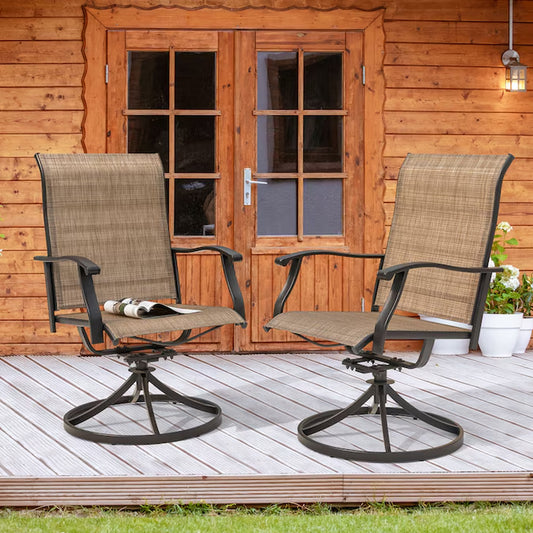 Outdoor 2-Piece Swivel Chair Set Set of 2 Black Iron Frame Swivel Dining Chair with Brown Solid Seat