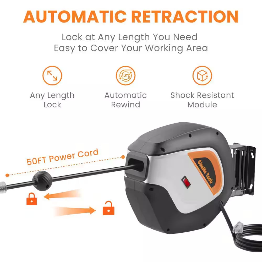 50 Ft. 3 Conductors 13 Amp Retractable Extension Cord Reel-14 AWG 5 Outlets
