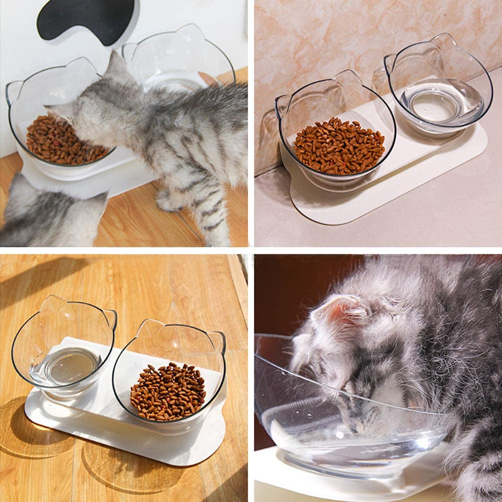 Double Elevated Cat Bowls with Raised Stand, 15 Tilted Cat Design Neck Guard Stand Pet Food Water Feeder Bowl for Cats or Small Dogs