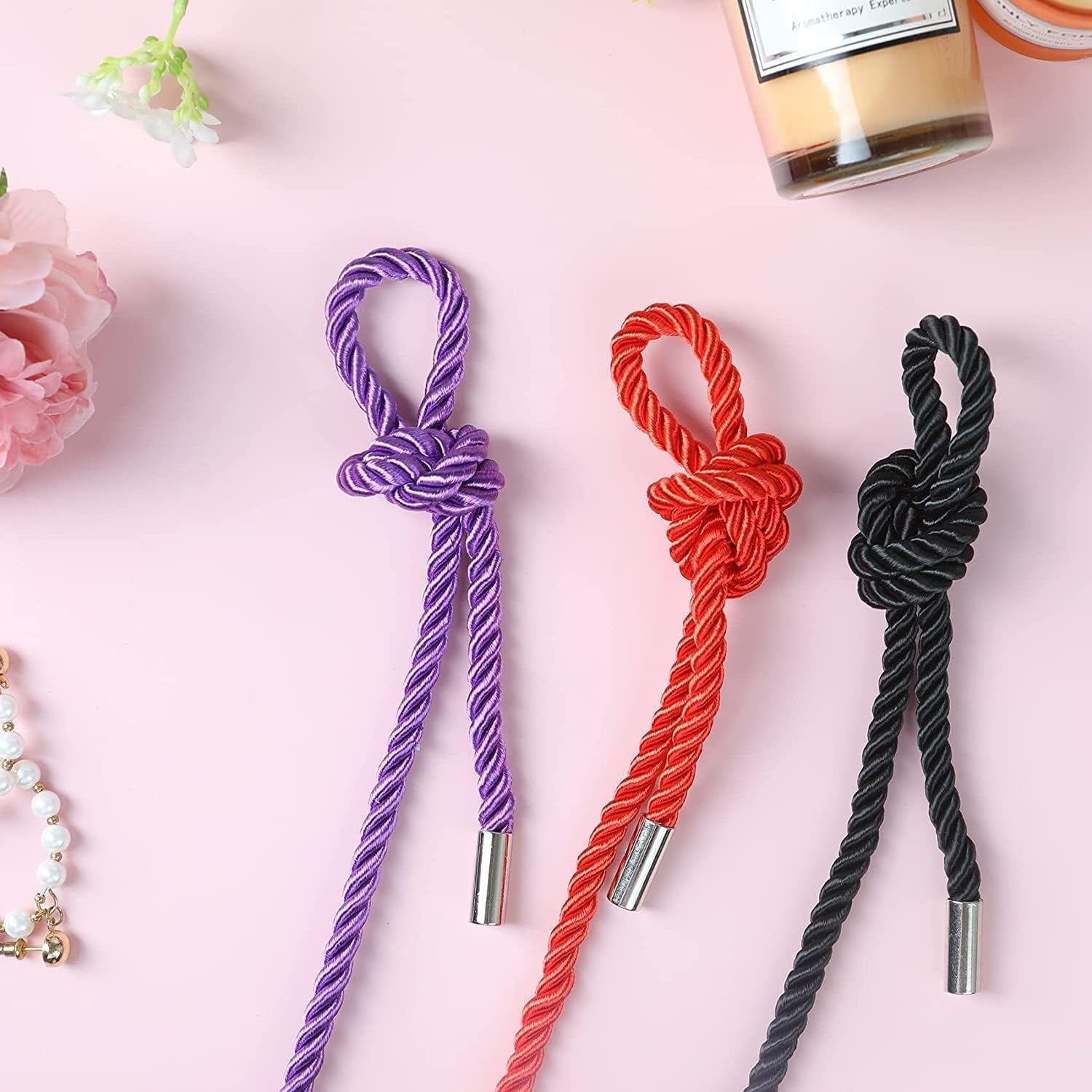 Silk Rope, Skin Friendly Durable Soft Rope, Multipurpose Long Rope Nylon Satin Braided Twisted Rope, 8Mm Thick (Length：4X8Ft Black+2X16Ft Red+32Ft Purple)