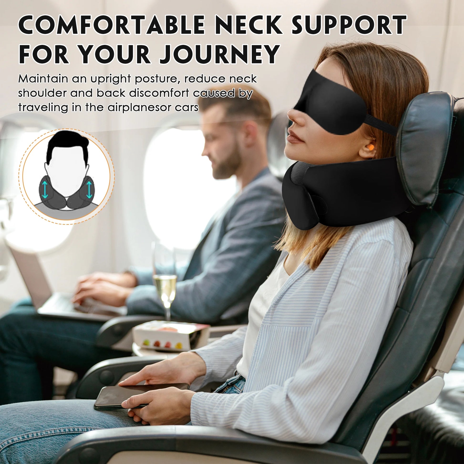 Travel Pillows for Airplanes, Travel Neck Pillow Travel Pillow, 360° Support Memory Foam Travel Pillow with 3D Contoured Eye Mask, Earplugs and Storage Bag for Airplanes Offices, Cars, Black