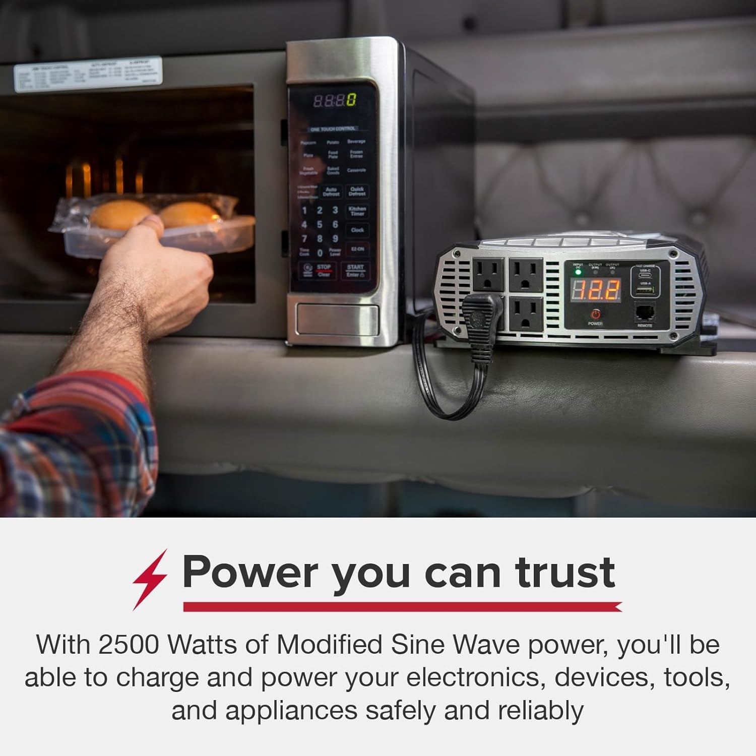 PRO 2500W Professional Grade Power Inverter, Portable – 2500-Watt Car Charger, 4 Grounded AC Outlets, 2 Fast Charge USB Ports and Remote Controller (CPIALCDG1) Compatible