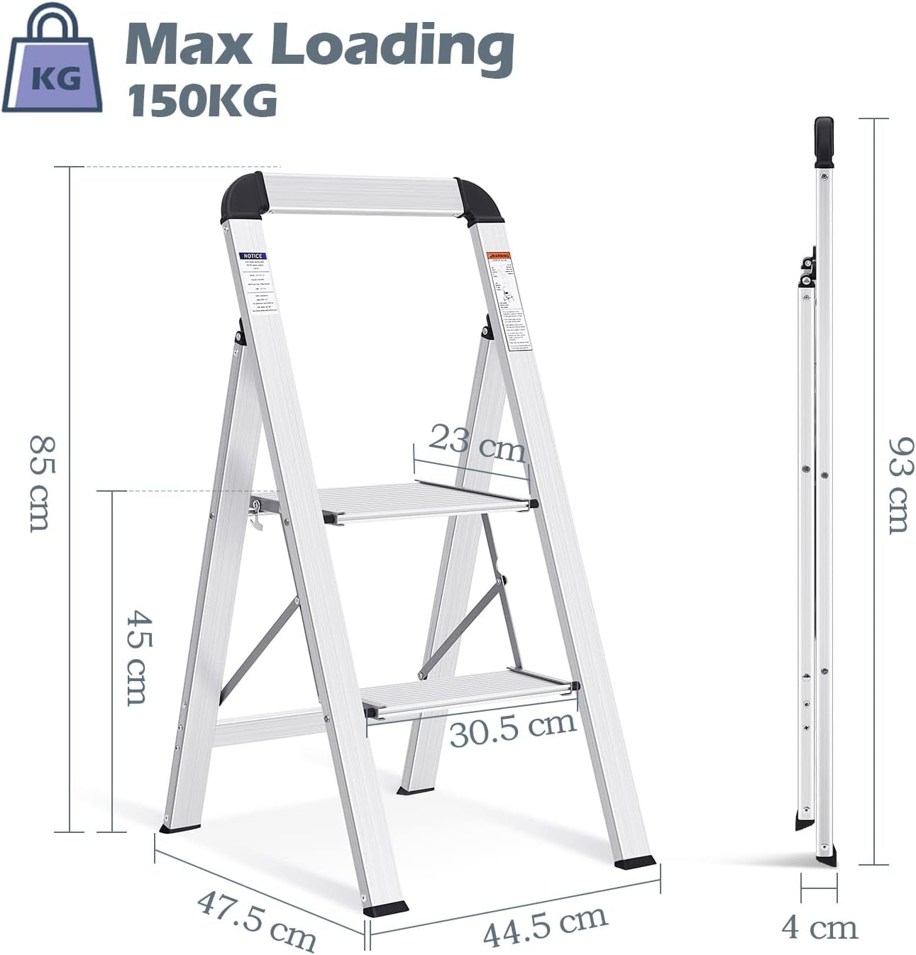 Step Ladder 2 Steps, Step Ladder, Non-Slip Household Ladder with Folding Safety,