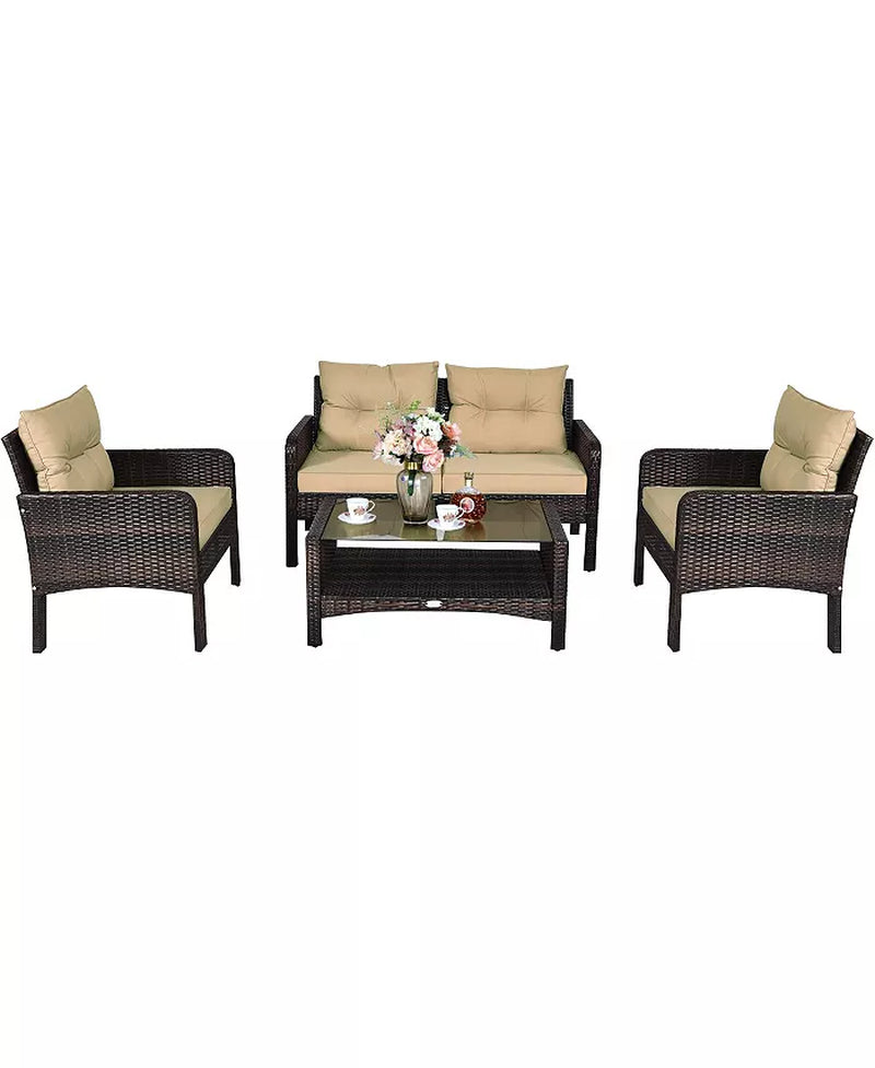 4PCS Patio Rattan Furniture Set Loveseat Sofa Coffee Table Garden