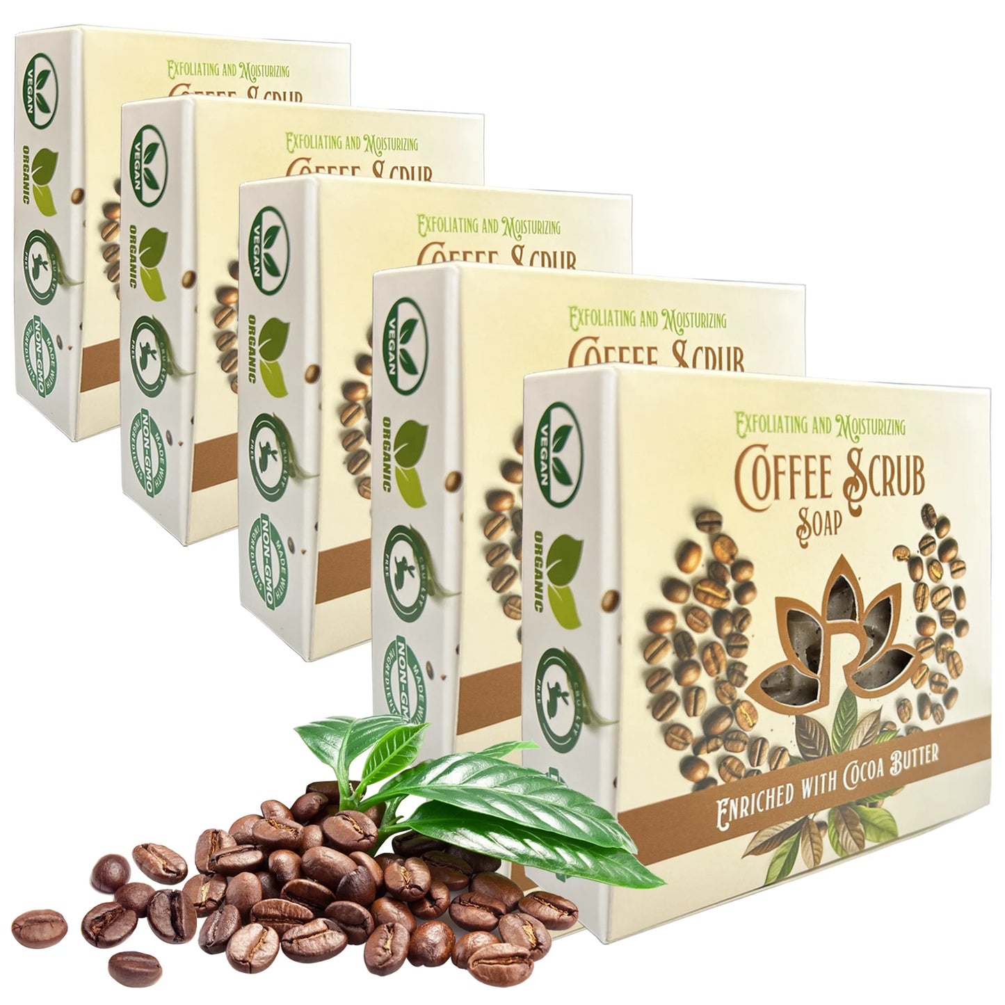 Natural Soap Bar Coffee Scrub with Organic Cocoa Butter Fresh Ground Coffee Exfoliating and Moisturizing Handmade in USA Coffee Latte Aroma Safe by  5 Set