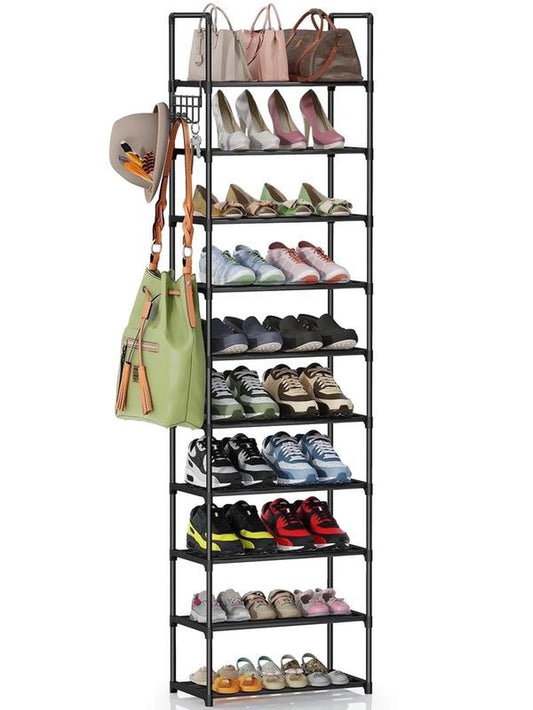 10 Tier Metal Shoes Rack, Narrow Stackable Shoes Shelf with Hooks, Shoe Tower F