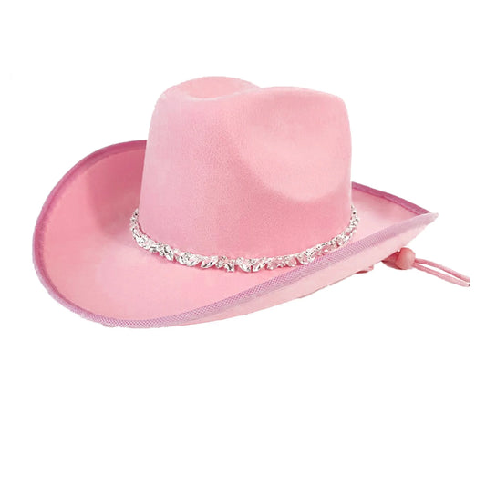 Breathable Western Style Rhinestones Cowboy Hat for Women and Girls with Adjustable Chin Rope Pink