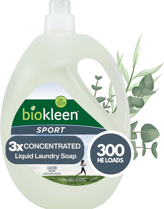 Natural Sport 3X Concentrated Laundry Detergent, 300 Loads, Bio Active Formula, Fight Odors, Sweat & Stain Remover, Lavender Eucalyptus Scent