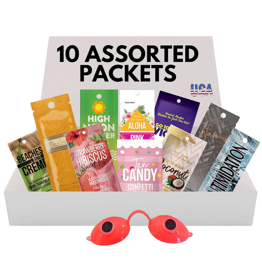 10 Pack of Tanning Bed Lotion Packets + Eyewear – [The Tan Packet Box], Best Accelerating Lotion for Tanning Indoor or Outdoor, Sun Tan Cream, Dark Accelerator (0.5 Oz Each Sachet)