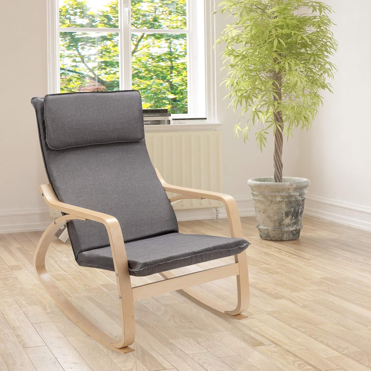 Rocking Chair with Removable Upholstered Cushion, Stable Wooden Frame Relaxing Modern Leisure Armchair Suitable for Living Room, Bedroom, Balcony, Nursery Room Ergonomic Chair (2, Gray)