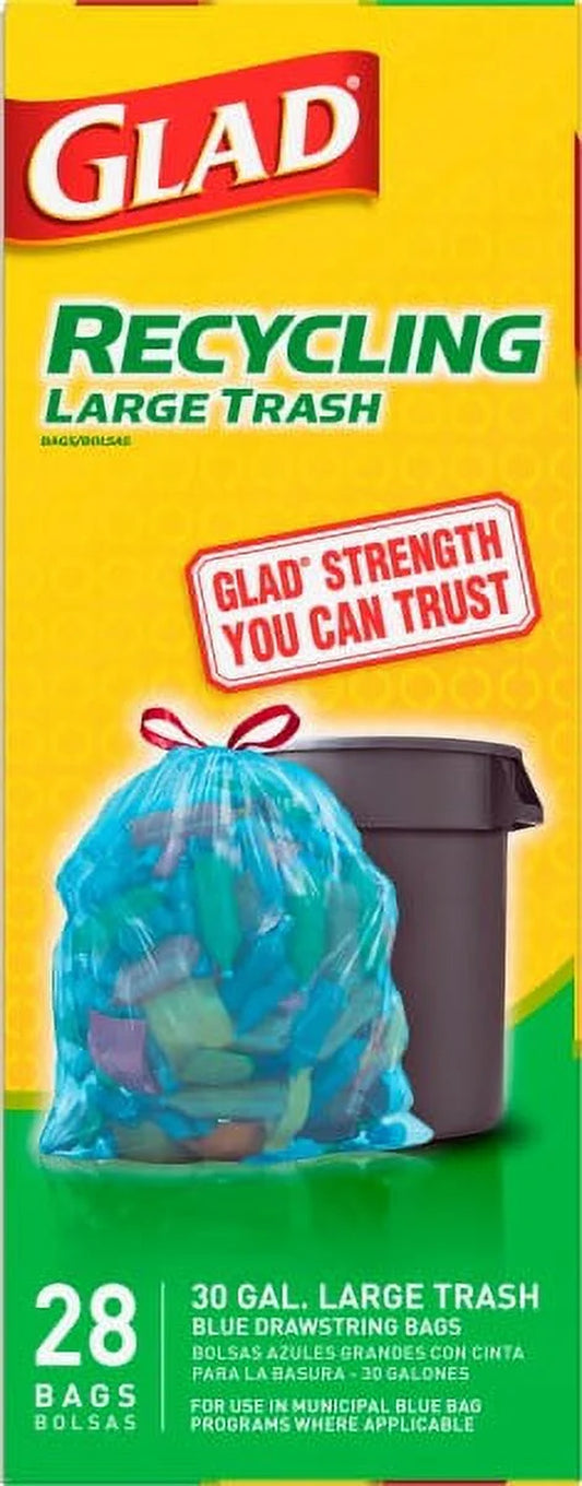 Blue Recycling Large Trash Bags, 30 Gallon, 28 Bags