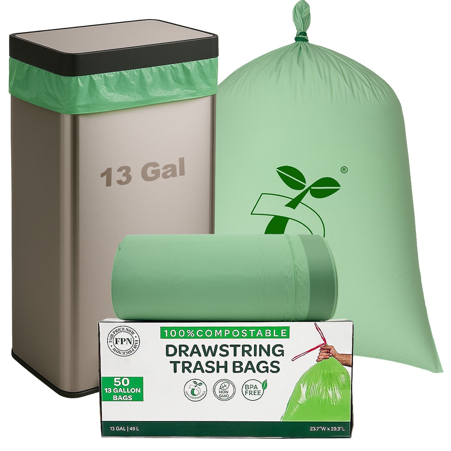 FPN Trash Bags 13 Gallon with Drawstring Durable & BPA Free Garbage Bags 50/Pack