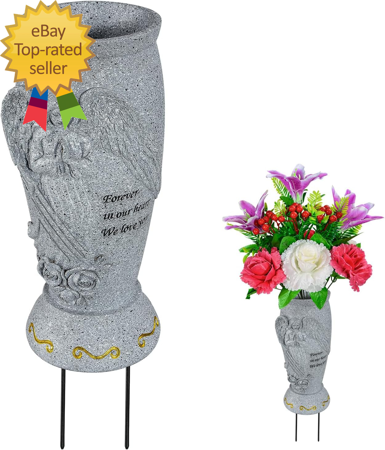 Cemetery Vase, Memorial Grave Vase with Ground Spikes, Angel Vases for Fresh