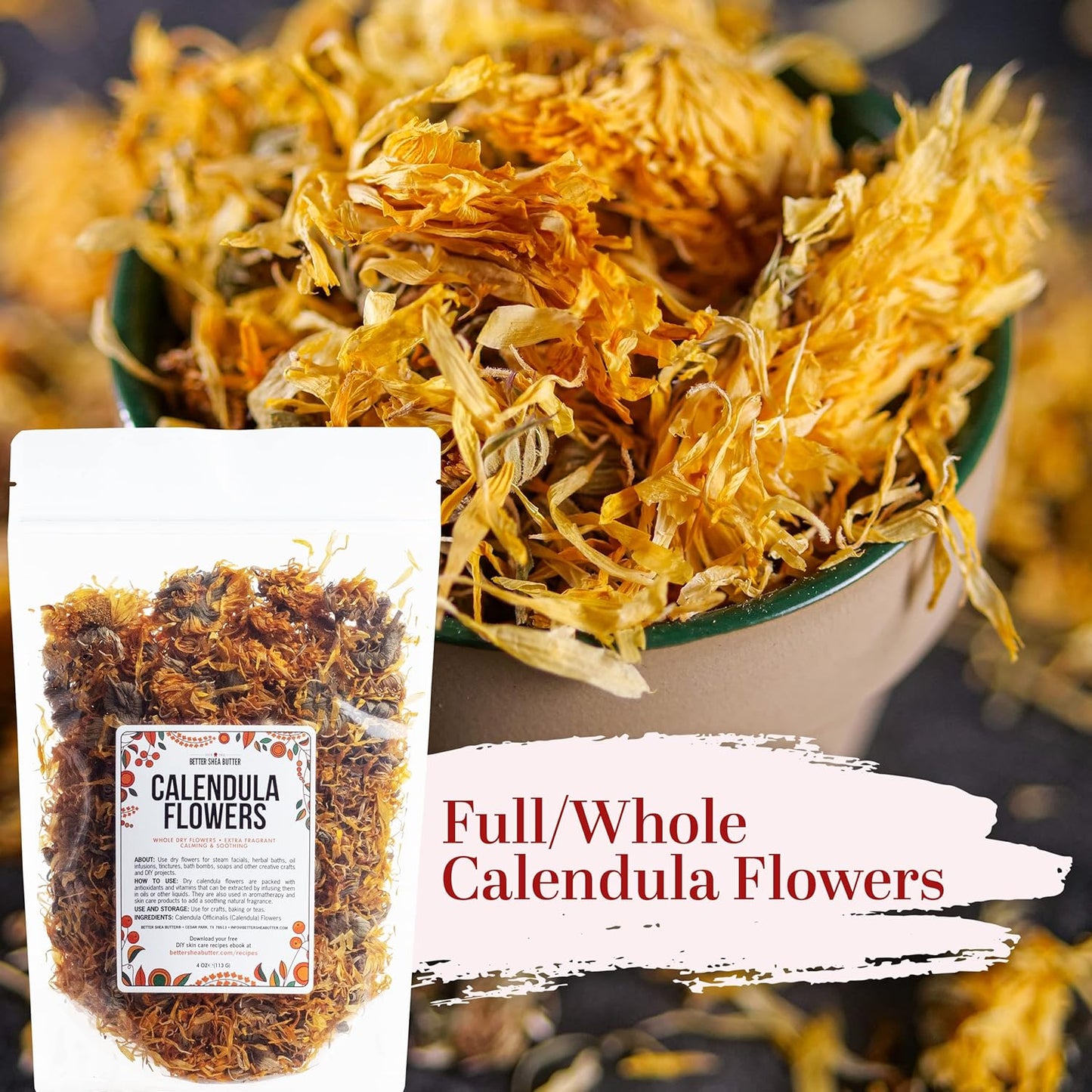 Dried Calendula Flowers - Edible Dried Marigold Flowers for Soap Making, Calendula Tea, Herb Infusions and Tinctures - Dried Flowers for Bath Salts - Calendula Officinalis 4 Oz
