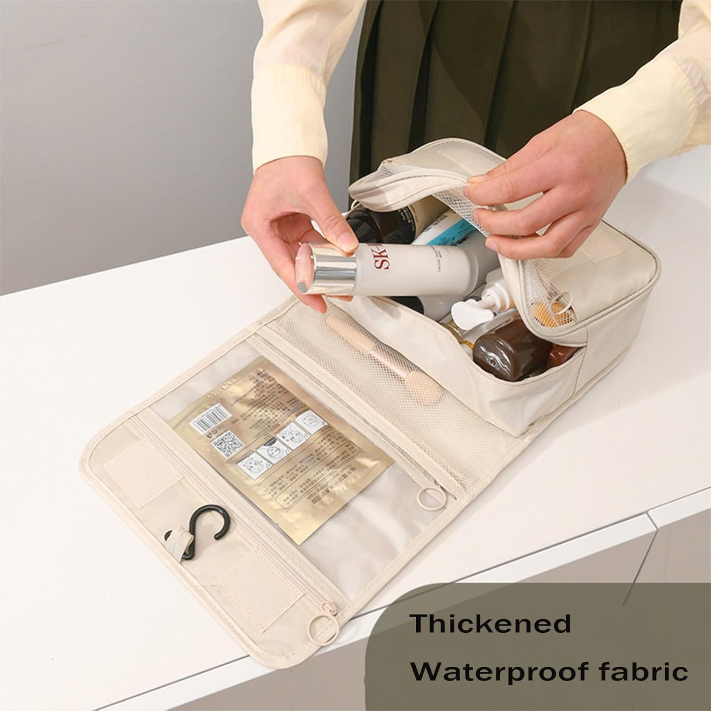 FQUAN Travel Toiletry Bag Water-Resistant Makeup Cosmetic Bag with Hanging Hook Travel Organizer, Beige