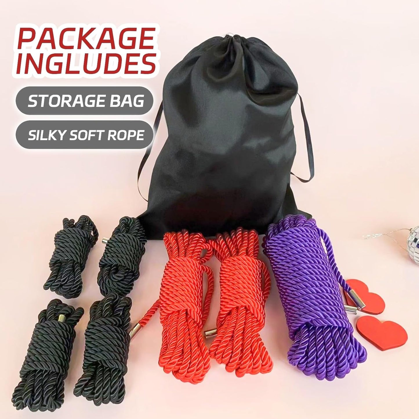 Silk Rope, Skin Friendly Durable Soft Rope, Multipurpose Long Rope Nylon Satin Braided Twisted Rope, 8Mm Thick (Length：4X8Ft Black+2X16Ft Red+32Ft Purple)