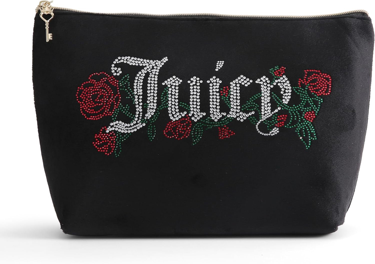 Black Makeup Bag Cosmetics Organizer Travel Essentials Top Zip Pouch Velour Rhinestone Roses