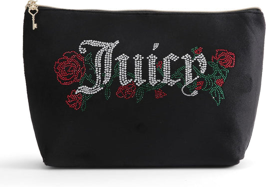 Black Makeup Bag Cosmetics Organizer Travel Essentials Top Zip Pouch Velour Rhinestone Roses
