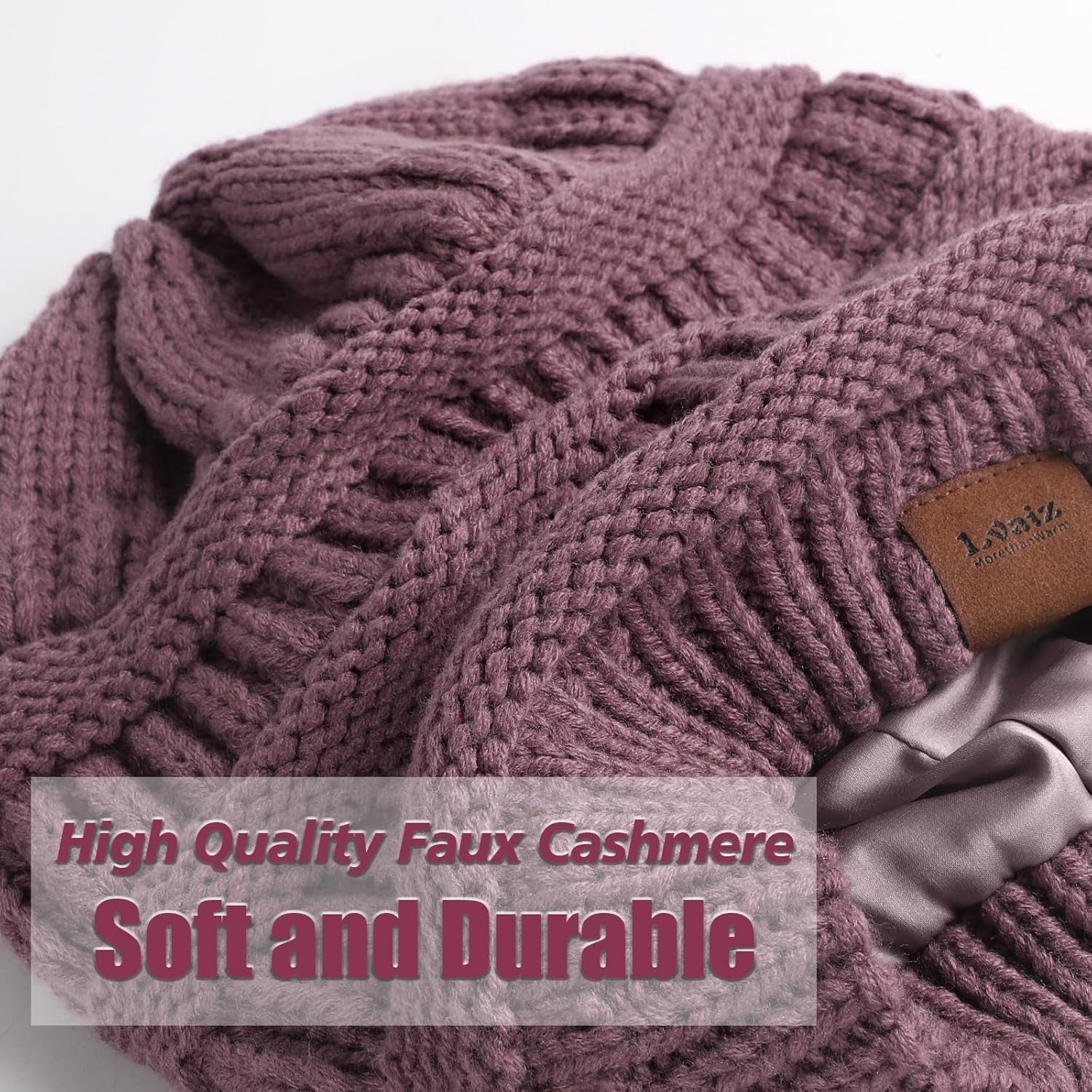 Womens Satin Lined Winter Beanie Hats Cable Knit Beanie for Men Silk Lining Thick Chunky Cap Soft Slouchy Warm Hat