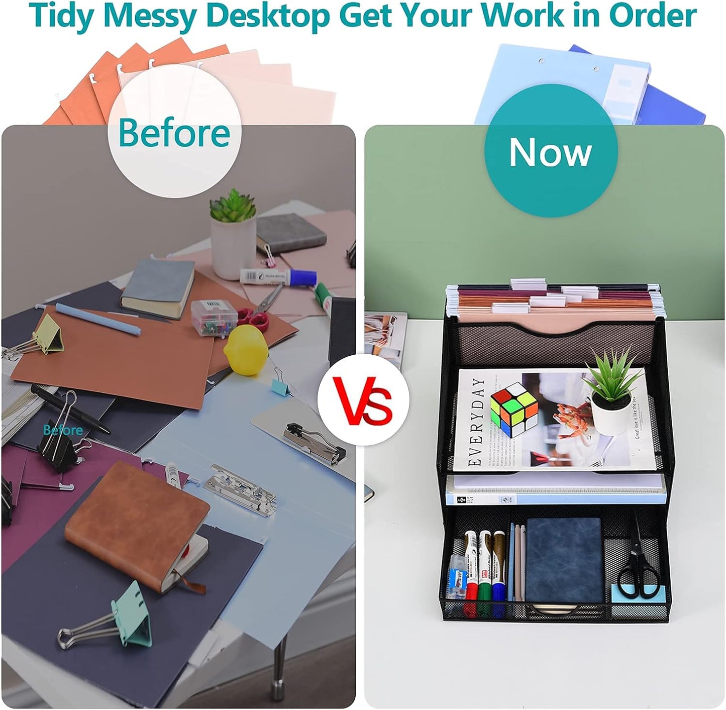 Desk Organzier Mesh Office Supplies Organization with Drawer File Accessories Storage Workspace with 4 Compartments for Women Home Desktop Paper Pen Shelf(12.8 X 12.4 X 9 Inch, Black)