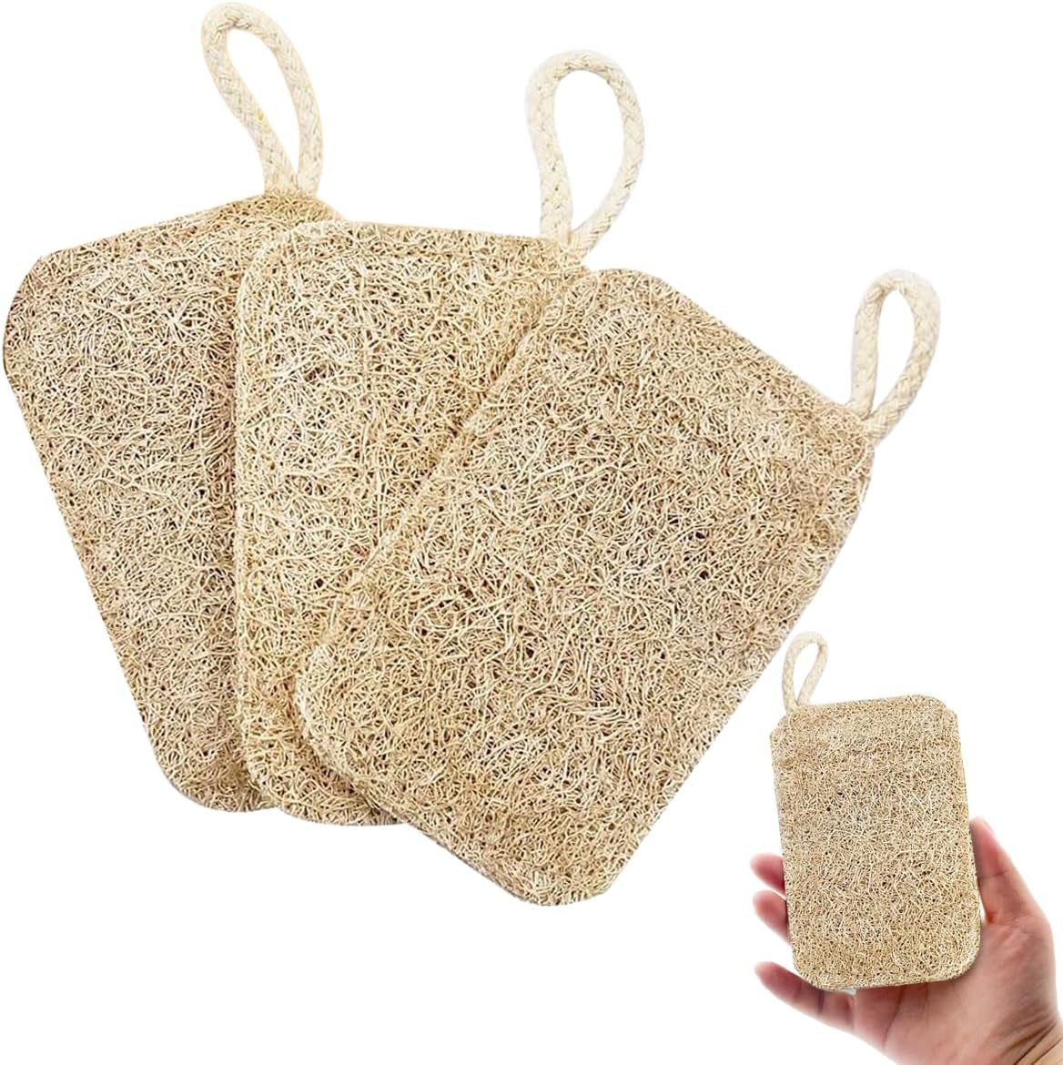 Natural Loofah Sponge Exfoliating Body Scrubber (3 Pack), Shower Scrub, Remove Dead Skin, Durable, Beige