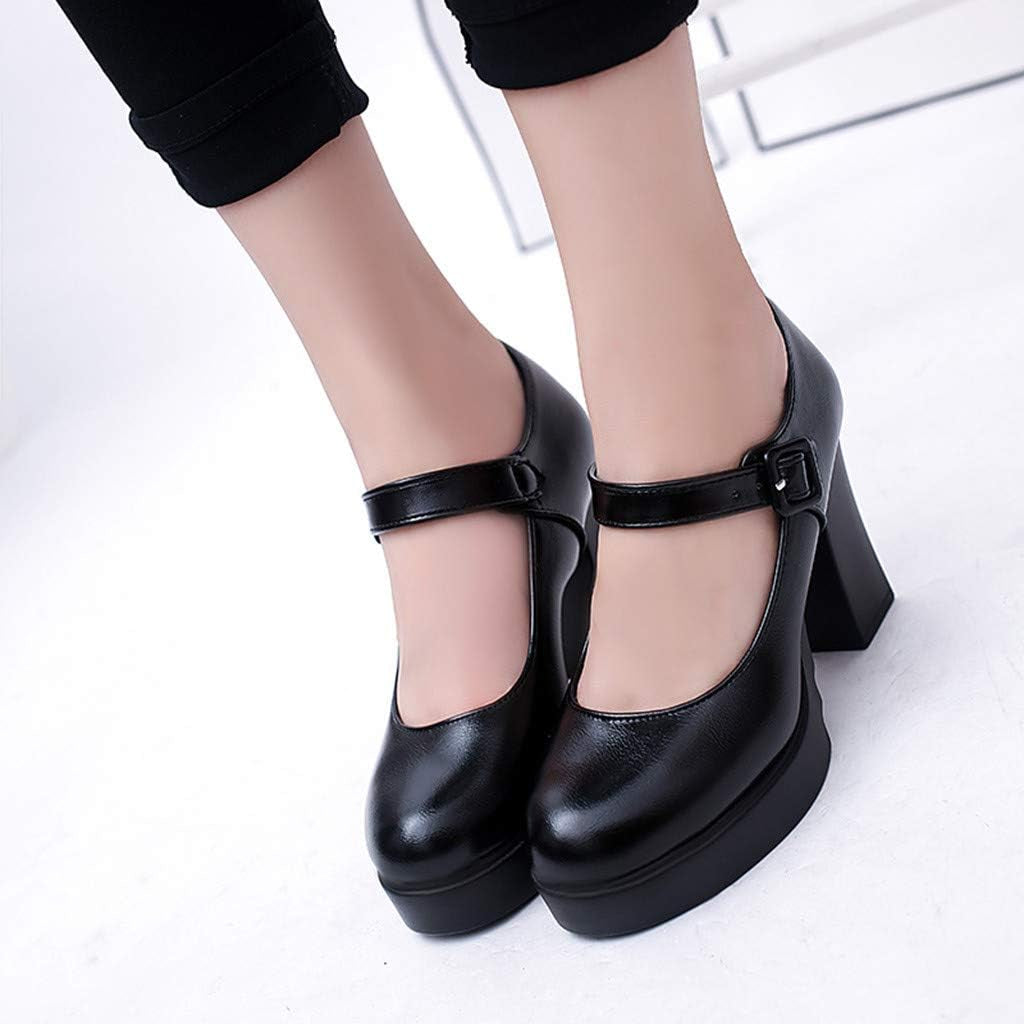 Women Work Shoes Elegant Casual High Heel Thick Heels Platform Ankle Buckle Strap Pumps 5.5 Black