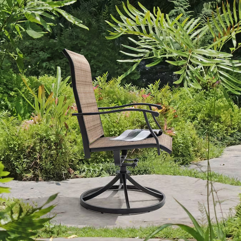 Outdoor 2-Piece Swivel Chair Set Set of 2 Black Iron Frame Swivel Dining Chair with Brown Solid Seat