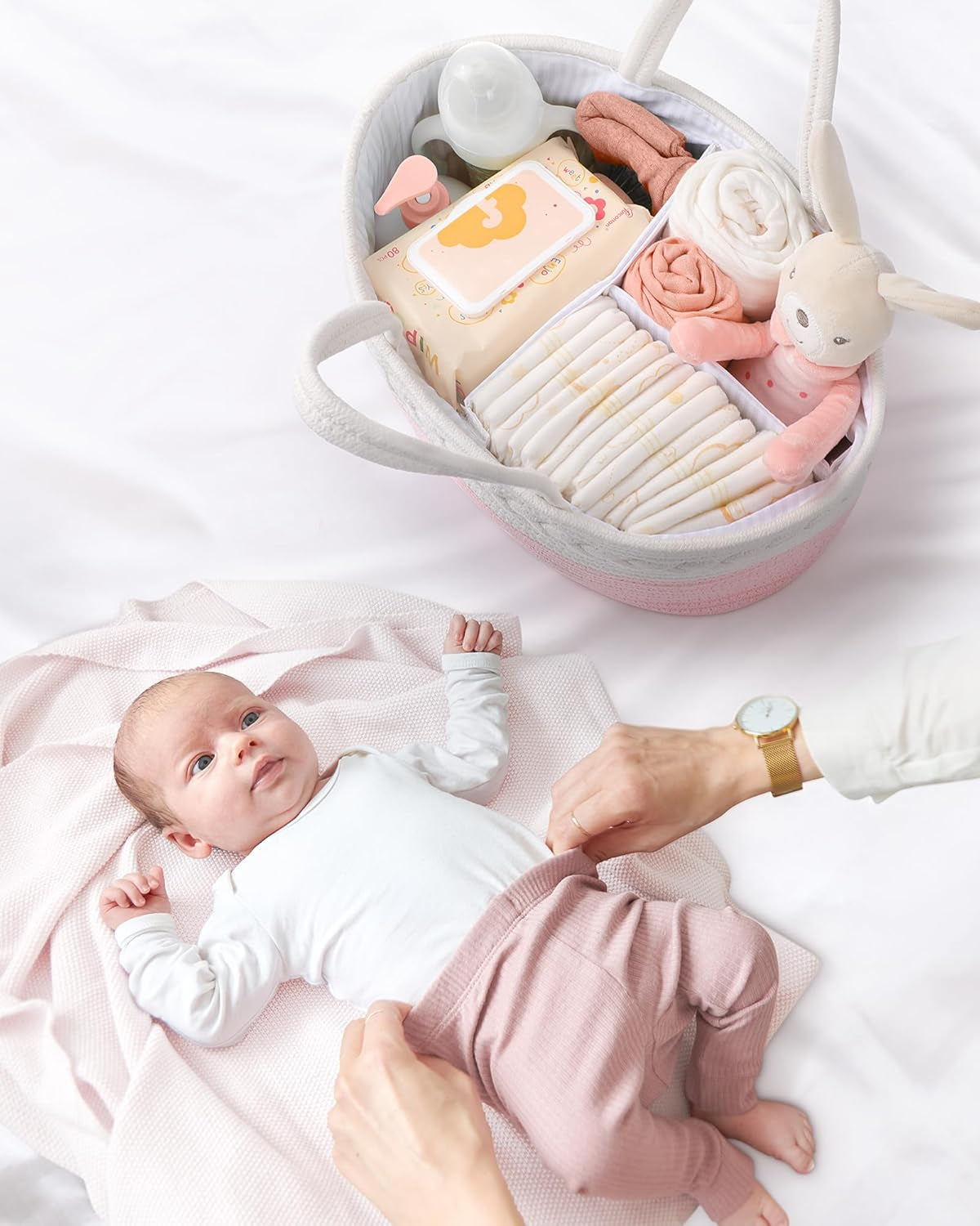 Diaper Caddy for Baby Girl-Cotton Rope Diaper Caddy, Diaper Organizer for Changing Table, Portable Baby Basket for Storage Baby Stuff, Newborn Registry Must Have Items