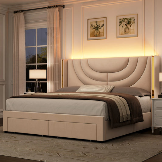 Queen Size LED Bed Frame with 2 Drawer Storage, Wingback Platform Bed with Velvet Upholstered Headboard, Off-White
