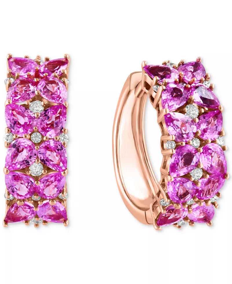 EFFYÂ® Pink Sapphire (5 Ct. T.W.) & Diamond (1/4 Ct. T.W.) Pear Cluster Small Hoop Earrings in 14K Rose Gold, 0.75"