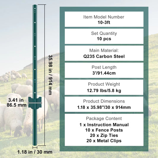 Fence Post T-Post Heavy Duty Metal Fence Post Sturdy Steel Fence Stakes for Garden Yard Lawn Farms Outdoor Wire Fencing